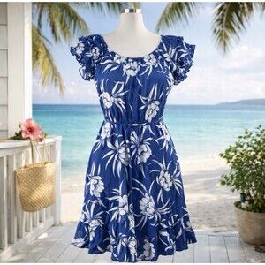 Vintage Malama Sophisticates Hawaii Midi Blue White Floral Dress Ruffle Hem S